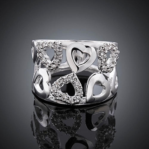 Women 925 Sterling Silver Plated Rhinestone Wide Band Cluster Hollow Heart Ring Image 2