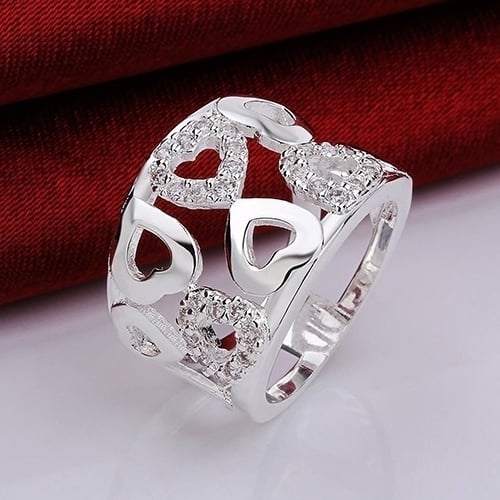 Women 925 Sterling Silver Plated Rhinestone Wide Band Cluster Hollow Heart Ring Image 3