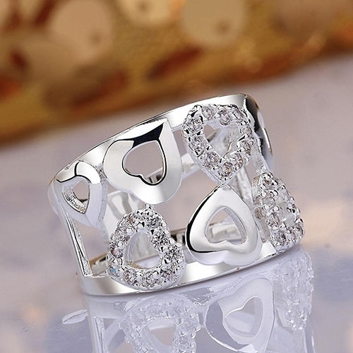 Women 925 Sterling Silver Plated Rhinestone Wide Band Cluster Hollow Heart Ring Image 4