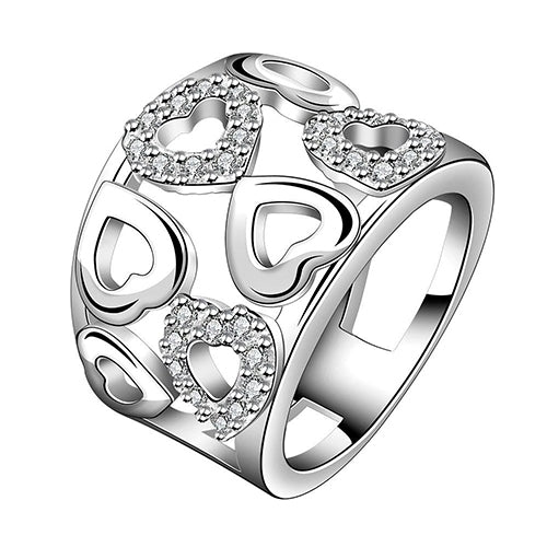 Women 925 Sterling Silver Plated Rhinestone Wide Band Cluster Hollow Heart Ring Image 4