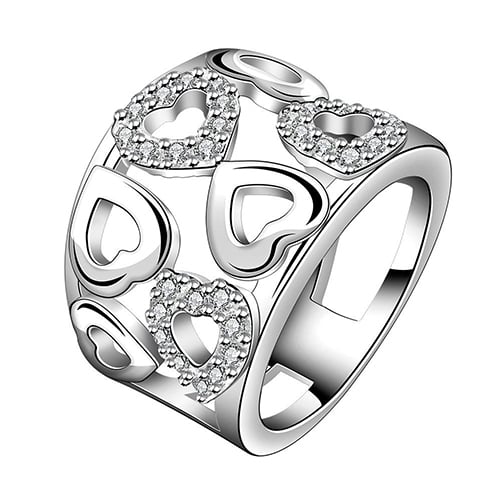 Women 925 Sterling Silver Plated Rhinestone Wide Band Cluster Hollow Heart Ring Image 1