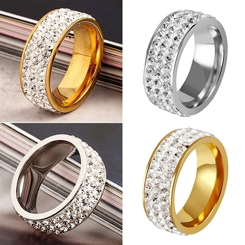 Titanium Steel Women Men 3 Rows Shiny Rhinestone Finger Ring Wedding Jewelry Gift Image 2