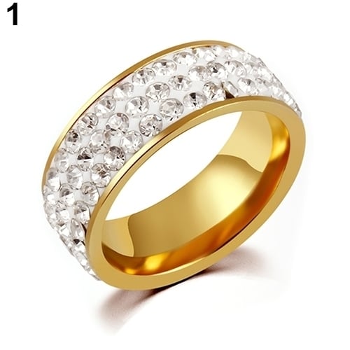 Titanium Steel Women Men 3 Rows Shiny Rhinestone Finger Ring Wedding Jewelry Gift Image 3