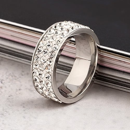 Titanium Steel Women Men 3 Rows Shiny Rhinestone Finger Ring Wedding Jewelry Gift Image 7