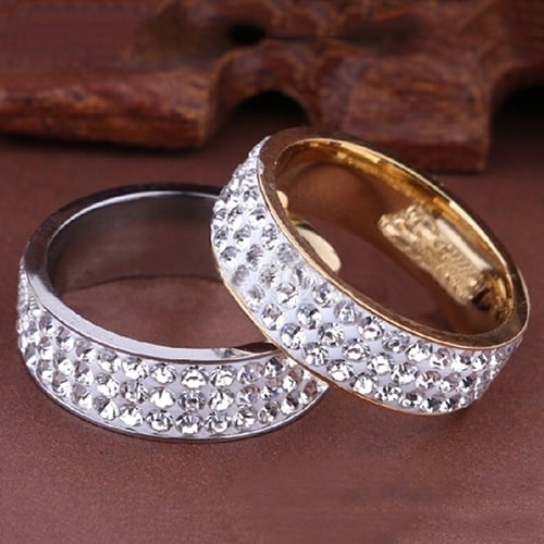 Titanium Steel Women Men 3 Rows Shiny Rhinestone Finger Ring Wedding Jewelry Gift Image 9