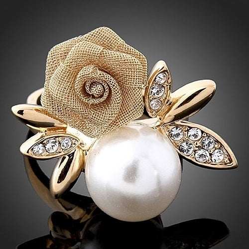 Womens Fashion Rose Faux Pearl Clear Crystal 9K Gold Plated Ring Party Jewelry Image 1