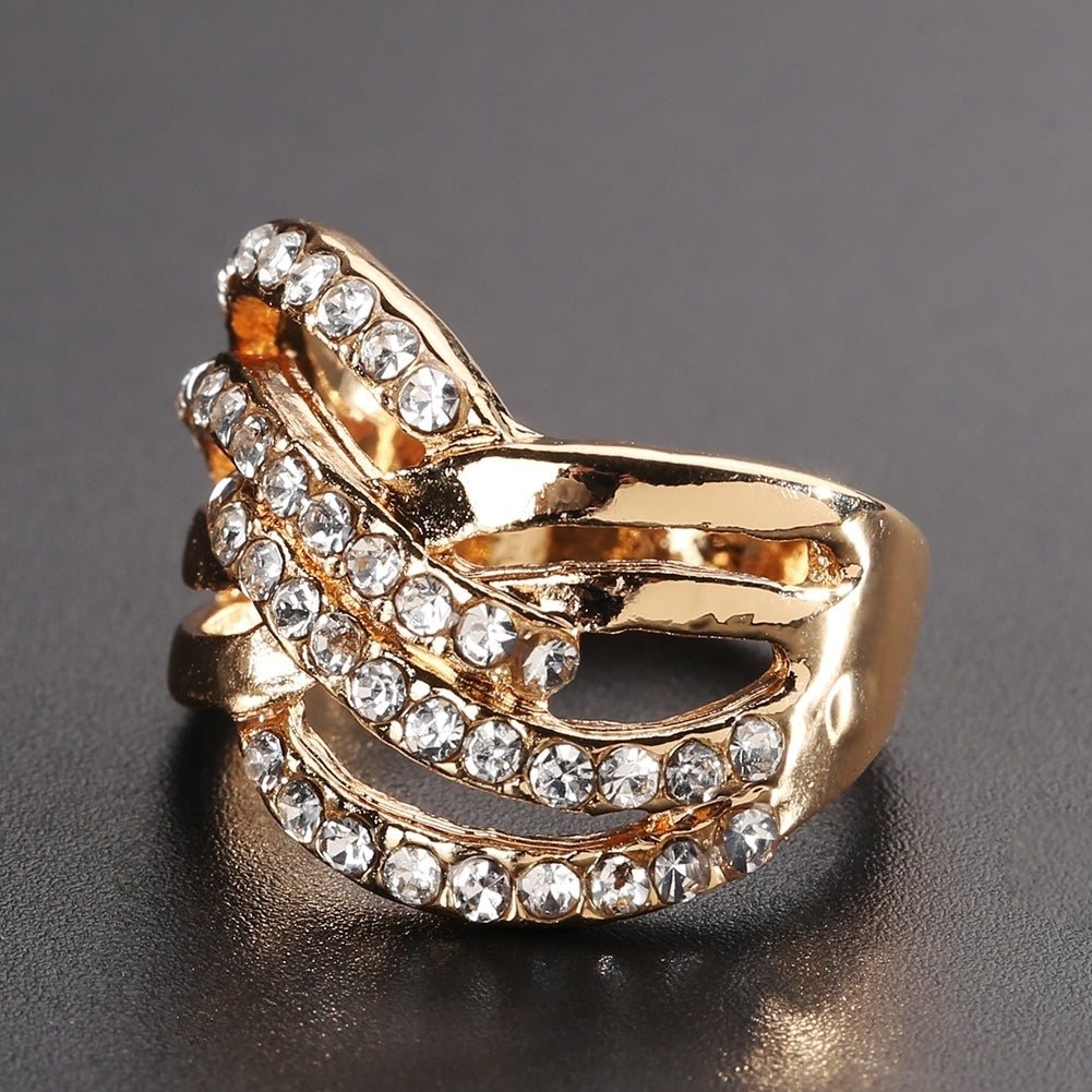 Luxury 9K Gold Plated Alloy Finger Band Rhinestone Inlaid Ring Jewelry Gift Image 1