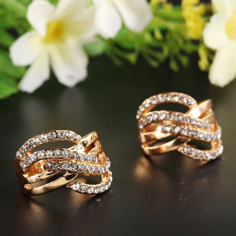 Luxury 9K Gold Plated Alloy Finger Band Rhinestone Inlaid Ring Jewelry Gift Image 2