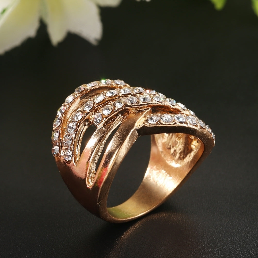 Luxury 9K Gold Plated Alloy Finger Band Rhinestone Inlaid Ring Jewelry Gift Image 3