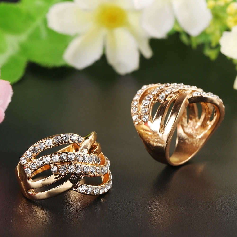 Luxury 9K Gold Plated Alloy Finger Band Rhinestone Inlaid Ring Jewelry Gift Image 4