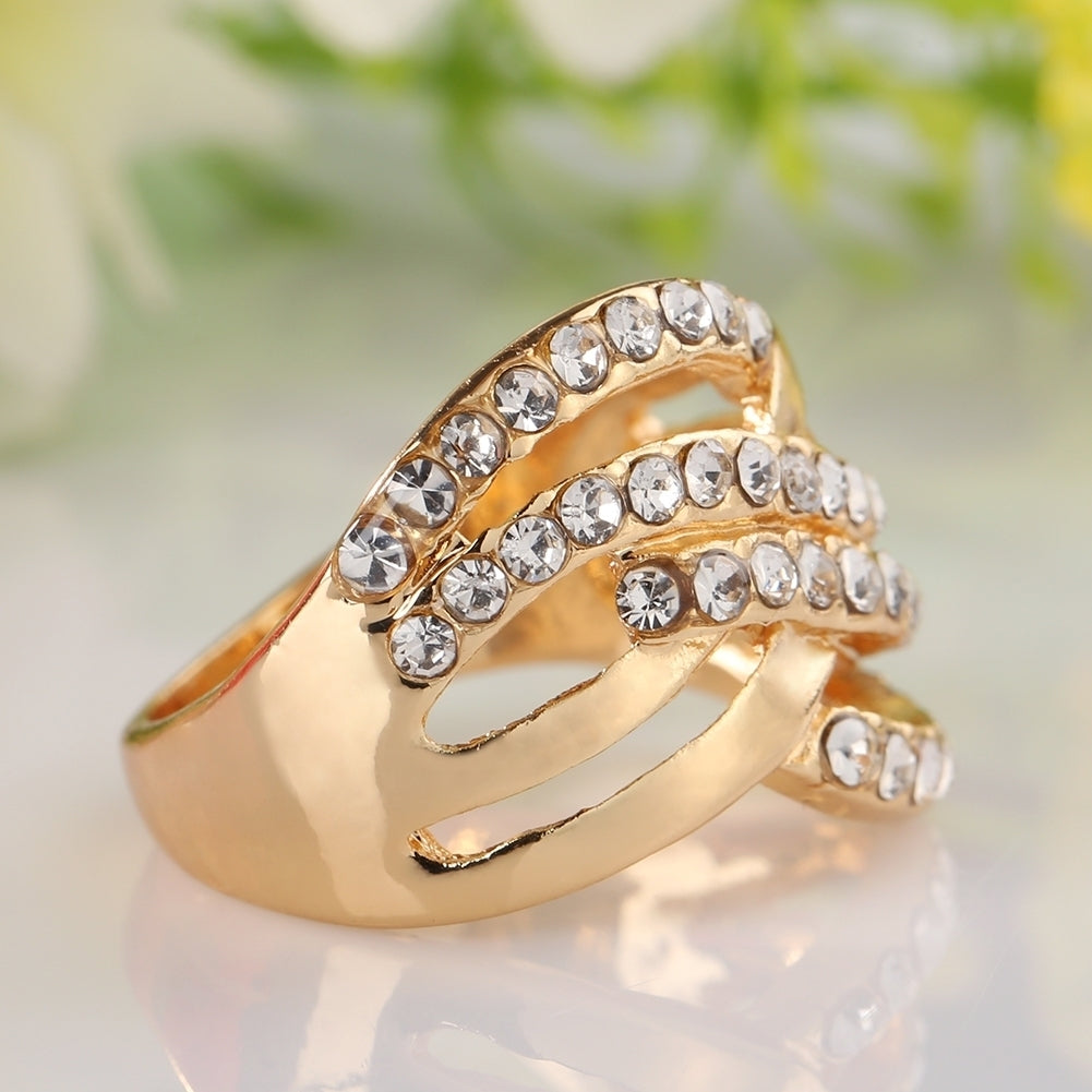 Luxury 9K Gold Plated Alloy Finger Band Rhinestone Inlaid Ring Jewelry Gift Image 4