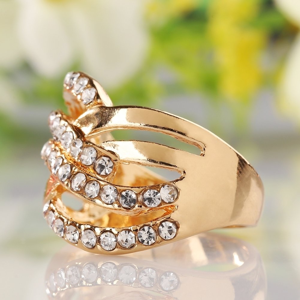 Luxury 9K Gold Plated Alloy Finger Band Rhinestone Inlaid Ring Jewelry Gift Image 6