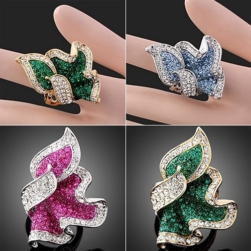 Women Leaf 9K Gold Plated Crystal Rhinestone Inlaid Cocktail Ring Gift Jewelry Image 4