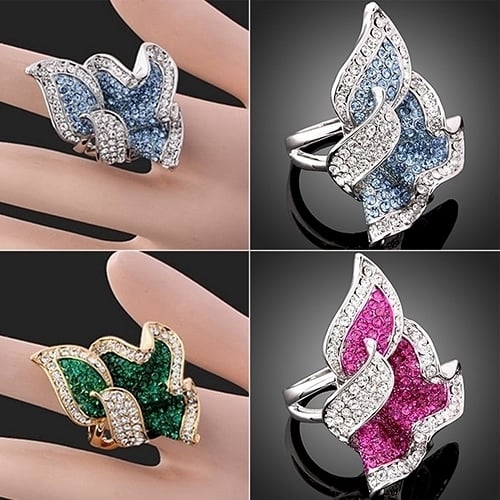 Women Leaf 9K Gold Plated Crystal Rhinestone Inlaid Cocktail Ring Gift Jewelry Image 6