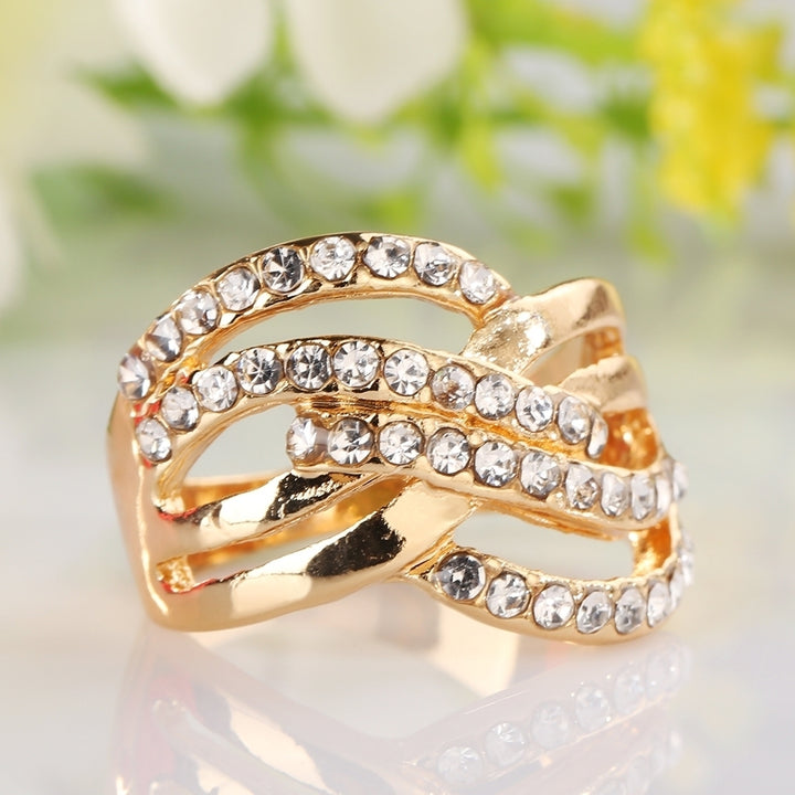 Luxury 9K Gold Plated Alloy Finger Band Rhinestone Inlaid Ring Jewelry Gift Image 7