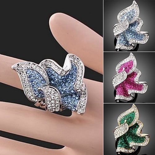 Women Leaf 9K Gold Plated Crystal Rhinestone Inlaid Cocktail Ring Gift Jewelry Image 7