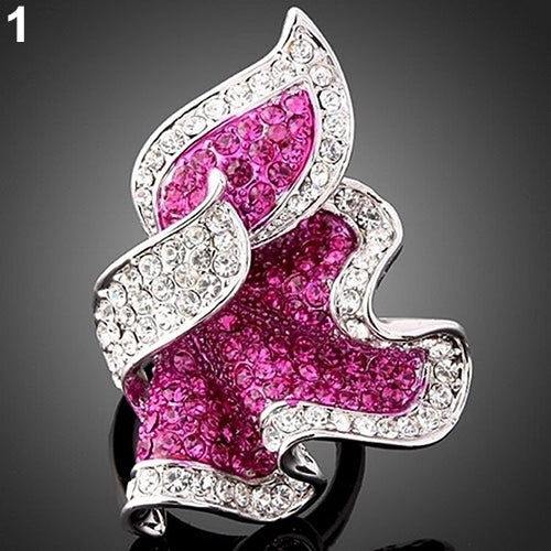 Women Leaf 9K Gold Plated Crystal Rhinestone Inlaid Cocktail Ring Gift Jewelry Image 8