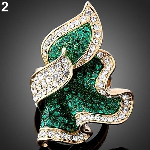 Women Leaf 9K Gold Plated Crystal Rhinestone Inlaid Cocktail Ring Gift Jewelry Image 9