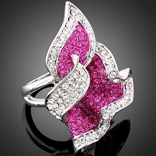 Women Leaf 9K Gold Plated Crystal Rhinestone Inlaid Cocktail Ring Gift Jewelry Image 11