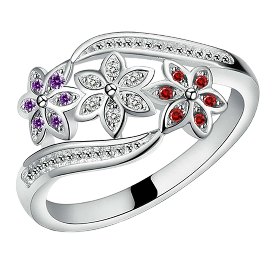 Ring Silver Plated Flowers Design Cubic Zirconia Inlaid Shiny Fashion Women Ring for Wedding Image 1