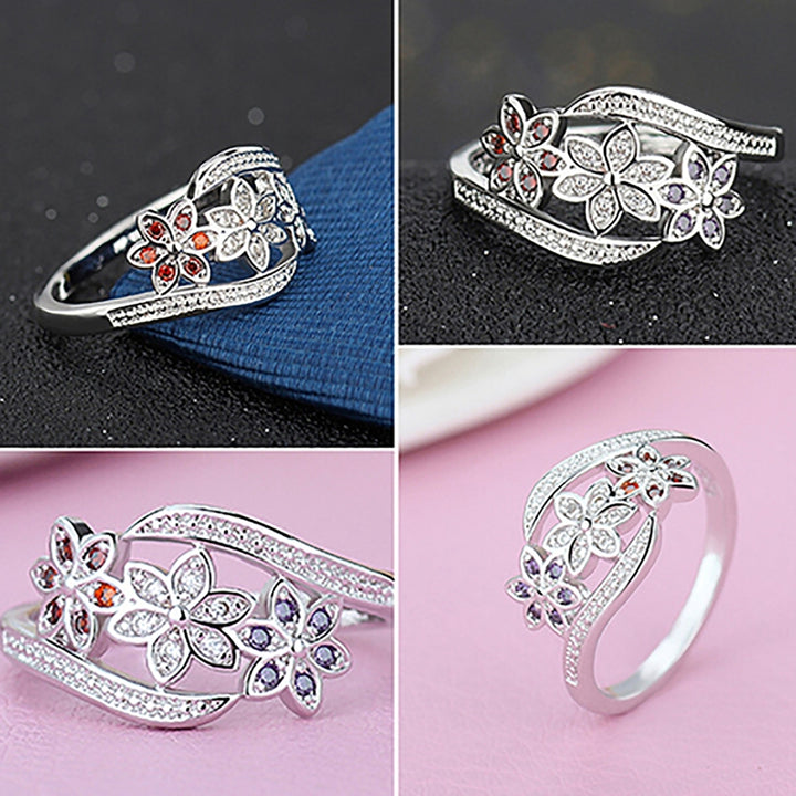 Ring Silver Plated Flowers Design Cubic Zirconia Inlaid Shiny Fashion Women Ring for Wedding Image 7