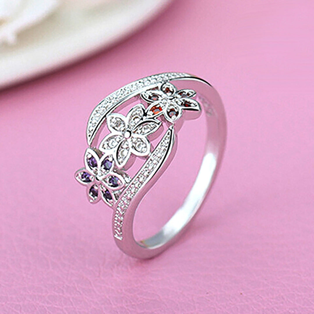 Ring Silver Plated Flowers Design Cubic Zirconia Inlaid Shiny Fashion Women Ring for Wedding Image 8