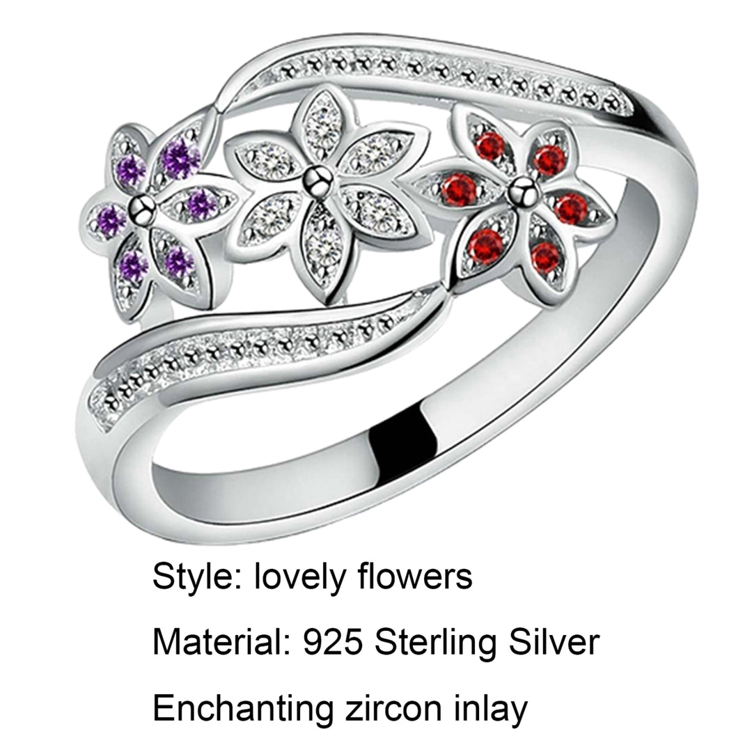 Ring Silver Plated Flowers Design Cubic Zirconia Inlaid Shiny Fashion Women Ring for Wedding Image 9