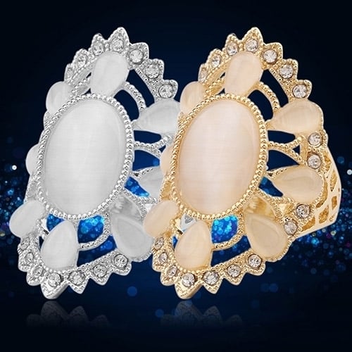 Womens Fashion Big Ellipse Opal Rhinestone Hollow Decor Party Ring Gift Jewelry Image 1