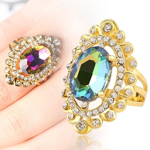 Women Rainbow Color Big Ellipse Glass Rhinestone Hollow Party Ring Gift Jewelry Image 1