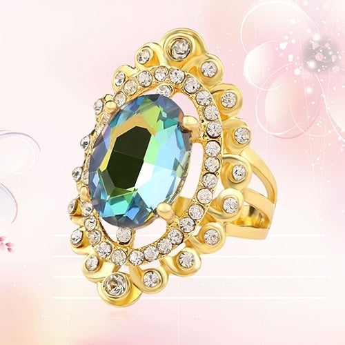 Women Rainbow Color Big Ellipse Glass Rhinestone Hollow Party Ring Gift Jewelry Image 2