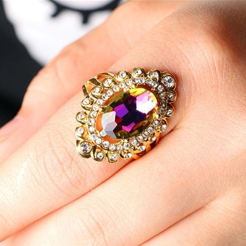 Women Rainbow Color Big Ellipse Glass Rhinestone Hollow Party Ring Gift Jewelry Image 4