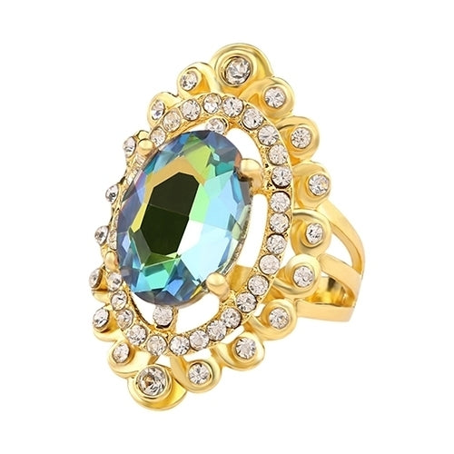 Women Rainbow Color Big Ellipse Glass Rhinestone Hollow Party Ring Gift Jewelry Image 4