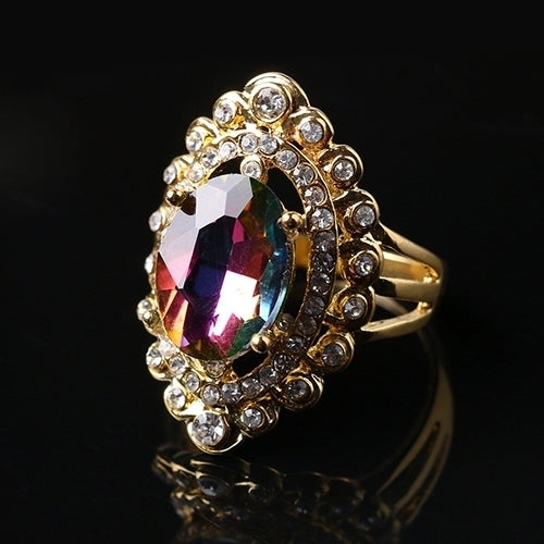 Women Rainbow Color Big Ellipse Glass Rhinestone Hollow Party Ring Gift Jewelry Image 8