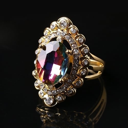 Women Rainbow Color Big Ellipse Glass Rhinestone Hollow Party Ring Gift Jewelry Image 1