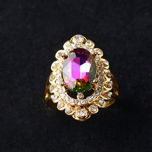 Women Rainbow Color Big Ellipse Glass Rhinestone Hollow Party Ring Gift Jewelry Image 9