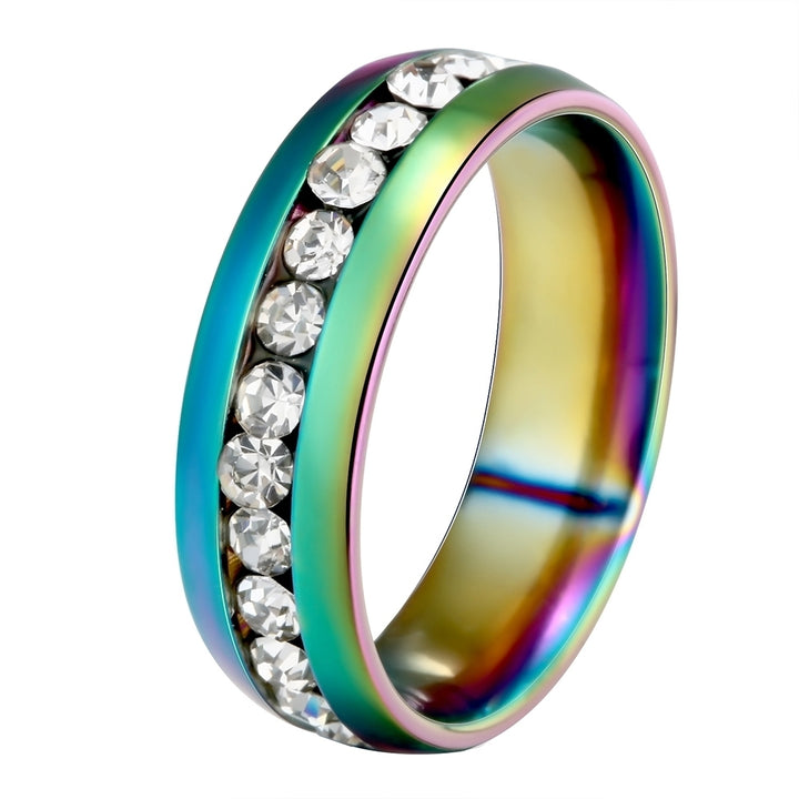 Unisex Cool Stainless Steel Rhinestone Embedded Rainbow Luster Finger Ring Gift Image 1