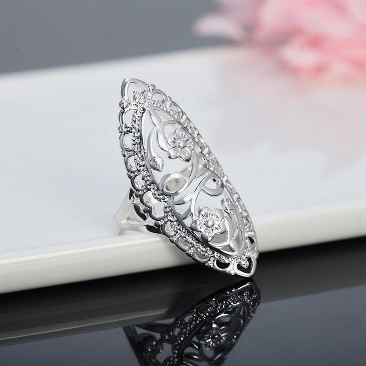 Silver Plated Alloy Hollow Carving Flower Finger Ring Womens Jewelry Gift Image 4