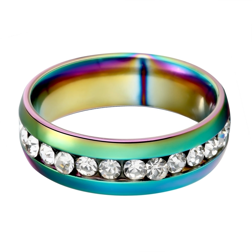 Unisex Cool Stainless Steel Rhinestone Embedded Rainbow Luster Finger Ring Gift Image 2