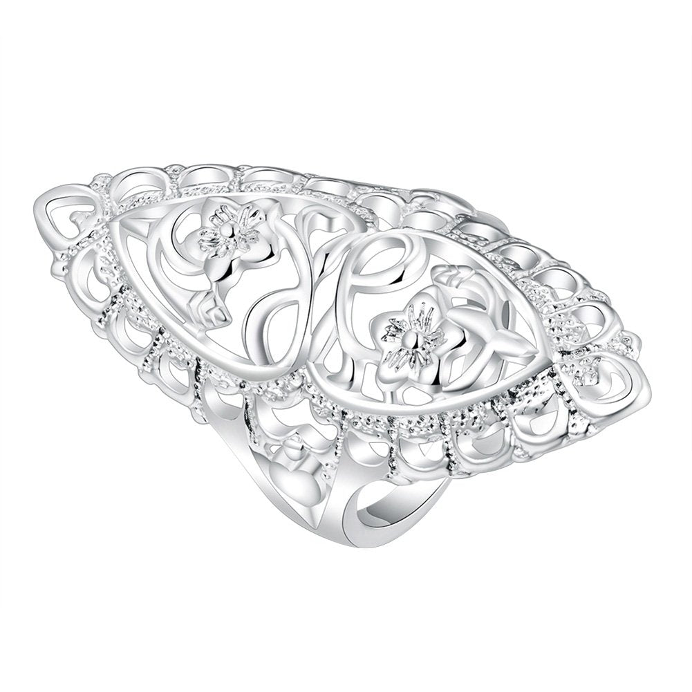 Silver Plated Alloy Hollow Carving Flower Finger Ring Womens Jewelry Gift Image 4