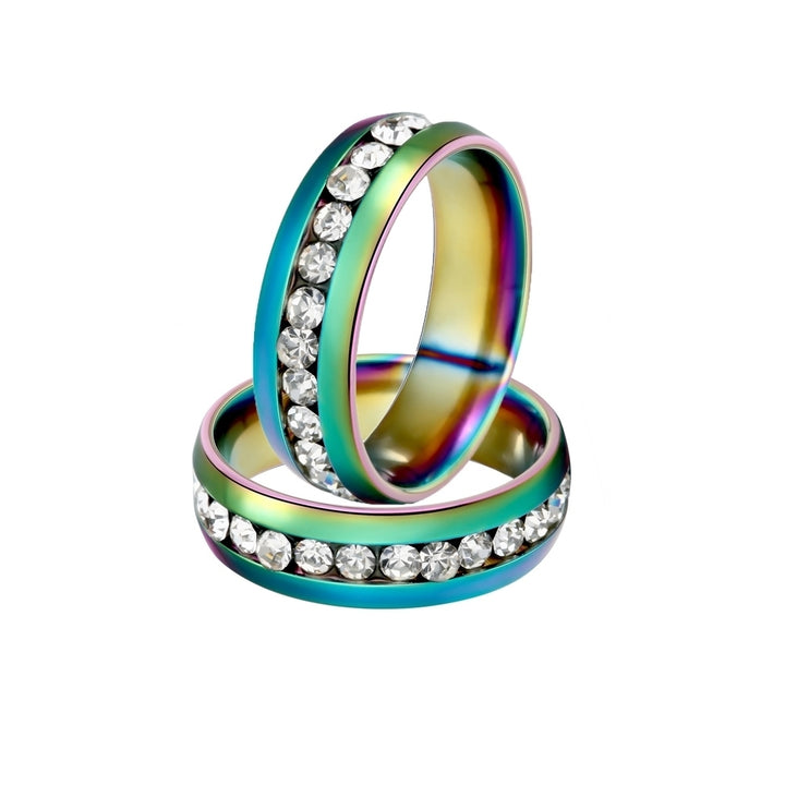 Unisex Cool Stainless Steel Rhinestone Embedded Rainbow Luster Finger Ring Gift Image 3