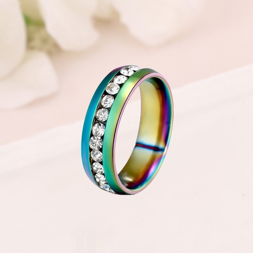 Unisex Cool Stainless Steel Rhinestone Embedded Rainbow Luster Finger Ring Gift Image 4