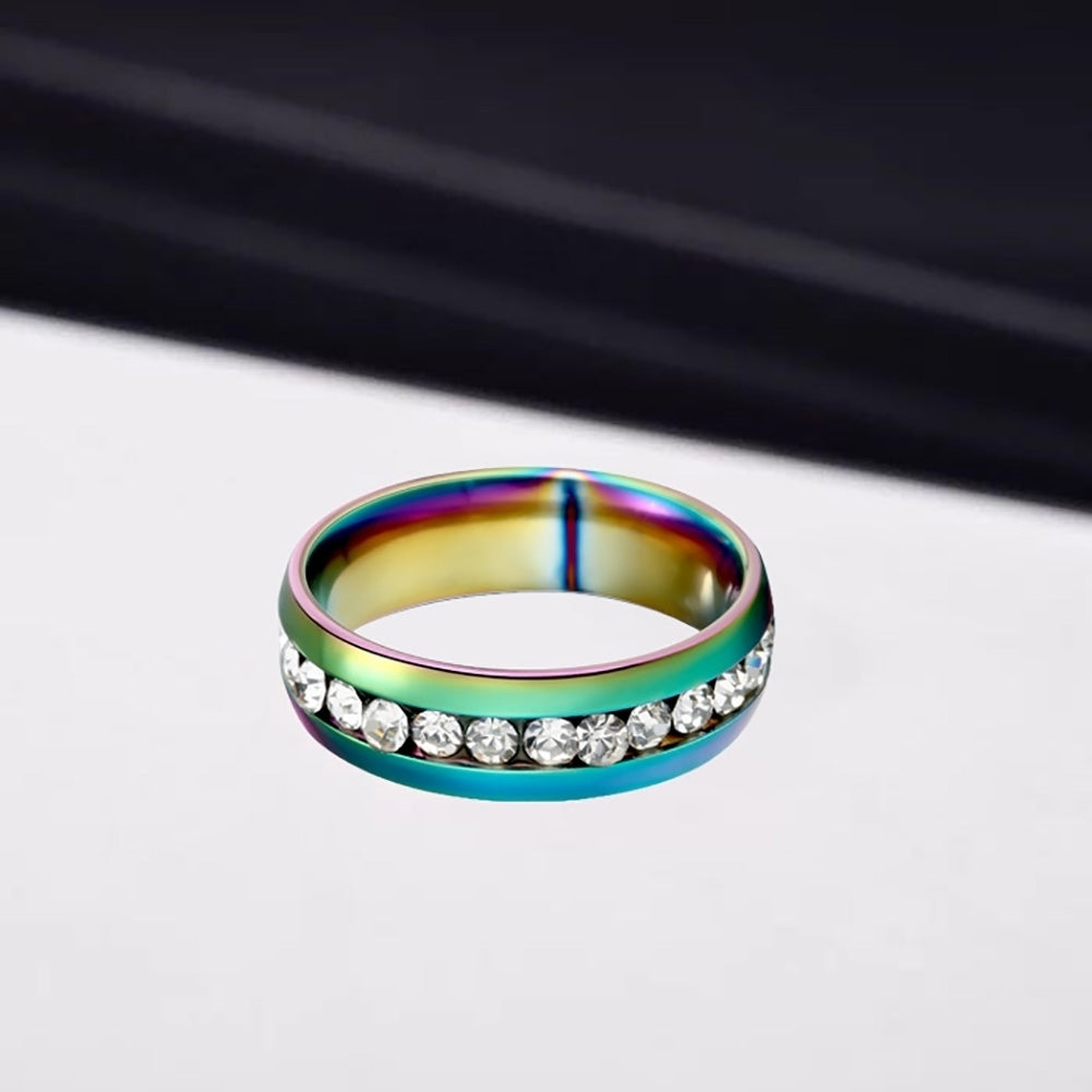 Unisex Cool Stainless Steel Rhinestone Embedded Rainbow Luster Finger Ring Gift Image 6