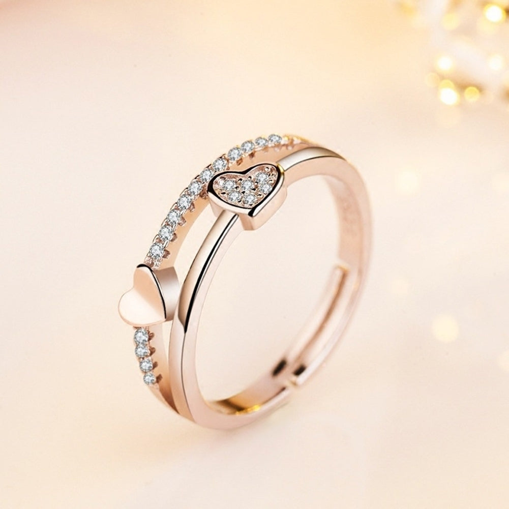 Womens Fashion Rhinestone Inlaid Double Hearts Open Ended Ring Jewelry Gift Image 1