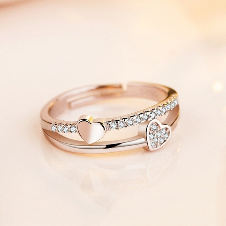 Womens Fashion Rhinestone Inlaid Double Hearts Open Ended Ring Jewelry Gift Image 4