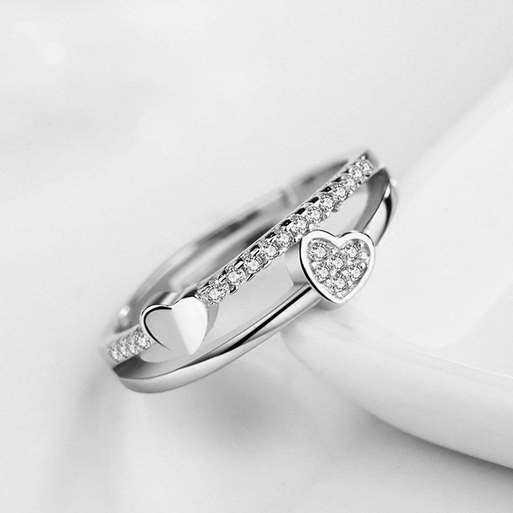 Womens Fashion Rhinestone Inlaid Double Hearts Open Ended Ring Jewelry Gift Image 4