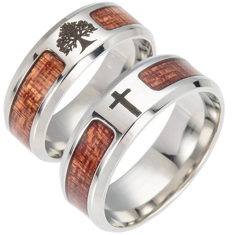 Unisex Wood Inlaid Stainless Steel Tree of Life Cross Finger Ring Jewelry Gift Image 1