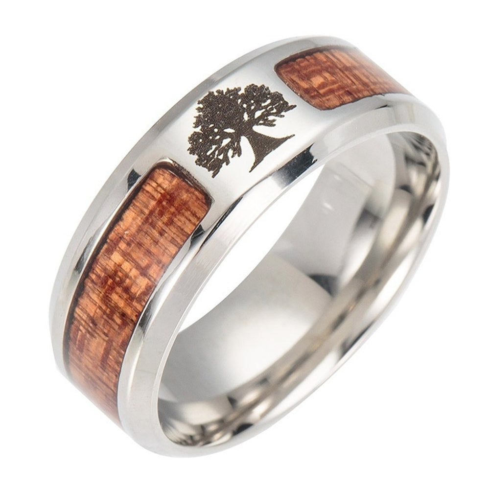 Unisex Wood Inlaid Stainless Steel Tree of Life Cross Finger Ring Jewelry Gift Image 2