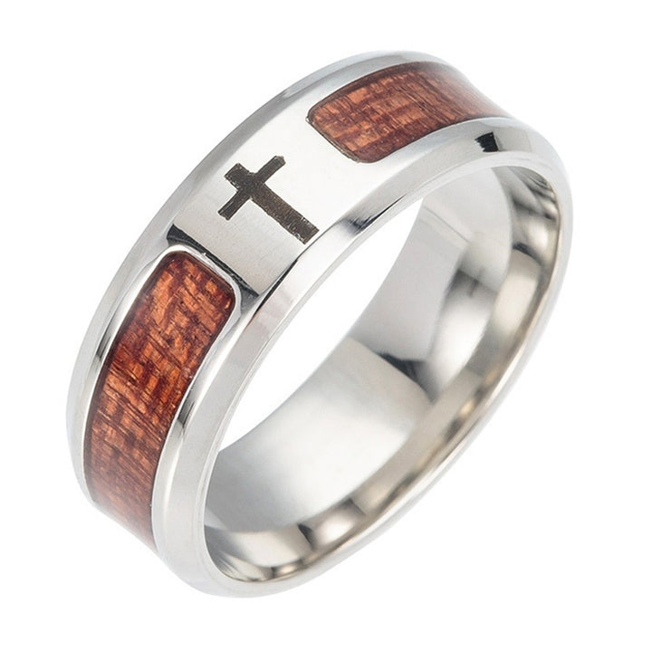 Unisex Wood Inlaid Stainless Steel Tree of Life Cross Finger Ring Jewelry Gift Image 3