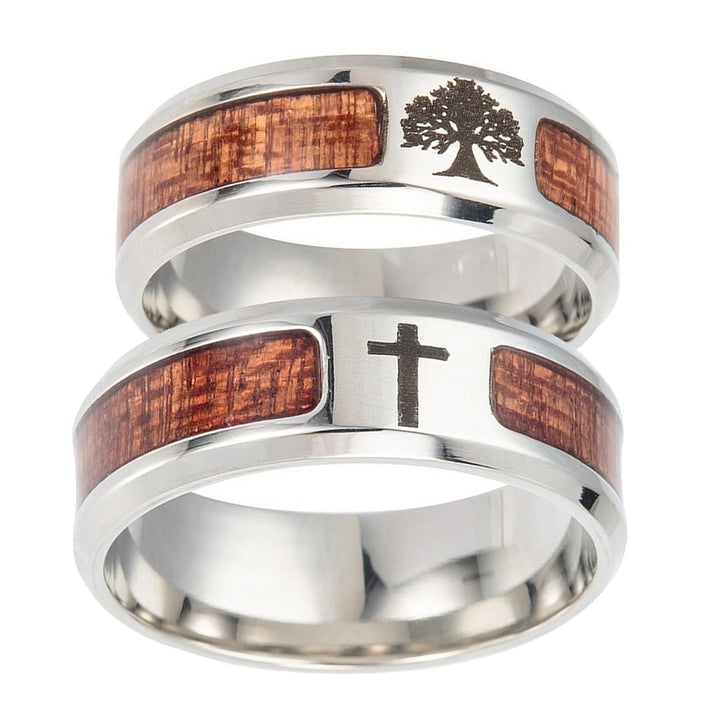 Unisex Wood Inlaid Stainless Steel Tree of Life Cross Finger Ring Jewelry Gift Image 4