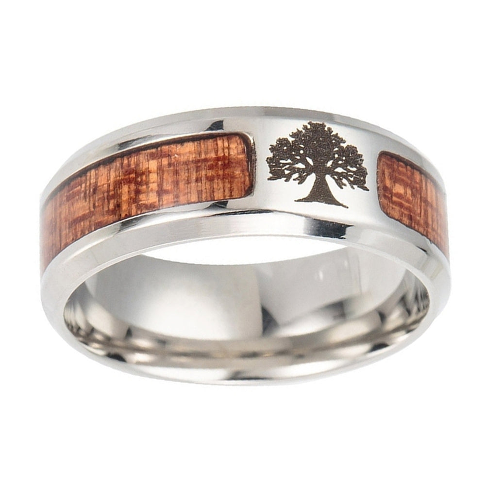 Unisex Wood Inlaid Stainless Steel Tree of Life Cross Finger Ring Jewelry Gift Image 4